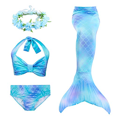 Traje de baño de 3 piezas, bikini, tankini, con cola de sirena y diadema de flores para niñas DH46. 140 cm (8-9 años)