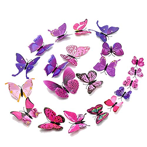 48 piezas Calcomanía de pared Deco de mariposas 3D con imán,pegatina en colores pastel Hada Mariposa Pegatinas de pared Arte Autoadhesivo para la decoración habitación del apartamento (Rosa-Púrpura)