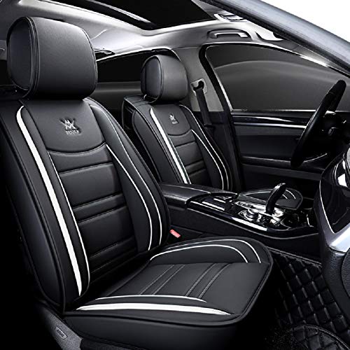 Asientos de auto de cuero de lujo para automóvil Cubiertas Juego completo de 5 asientos Universal (Negro-Blanco)