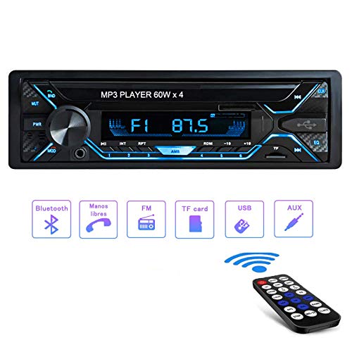 Autoradio 1 DIN Bluetooth4.2, Tobetree4x60W Radio Coche Control Remoto Manos Libres RDS Estéreo de Coche, Soporte USB/AUX en FM/AM/MP3/WMA/WAV con Reloj, Función de Radio y de Archivo.