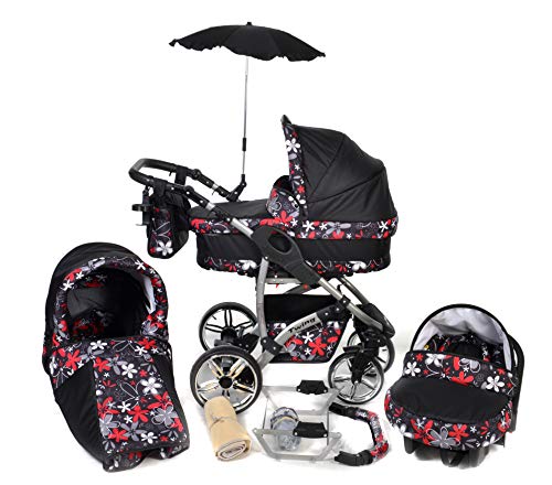 Baby Sportive Twing - Sistema de viaje 3 en 1, silla de paseo, carrito con capazo y silla de coche, RUEDAS GIRATORIAS, parasol y accesorios, color negro, flores rojas, blancas, grises