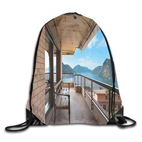 Bolsa con cordón para gimnasio, diseño de Lago Lugano, vista panorámica desde la terraza de apartamentos, montañas y mar, mochila con cordón, mochila para gimnasio, mochila para hombres y mujeres