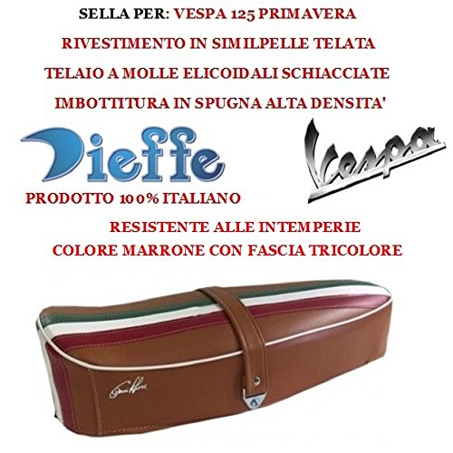 Dieffe P0030FTM - Sillín para Vespa 125 Primavera de tela vintage de piel sintética marrón asiento asiento Dieffe P0030FTM con banda tricolor Dieffe relleno de esponja Made in Italy