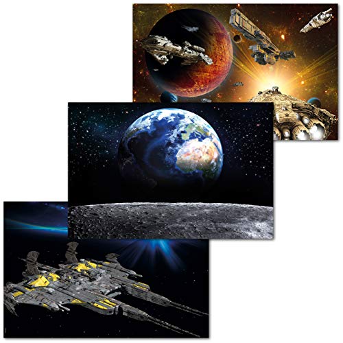 GREAT ART 3er Set XXL Poster Kinder Motive – Spaceship Adventure – Galaxy Star Raumschiff Mission Erde Vom Mond Ausblick Dekor Inneneinrichtung Wandbild Plakat je 140 x 100 cm