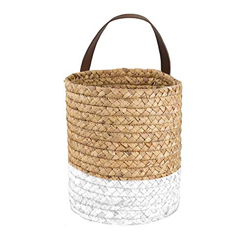 æ— Juego de 2 cestas de almacenamiento tejidas de junco marino con asa de cuero, cesta de yute tejida para colgar flores, plantas, toallas