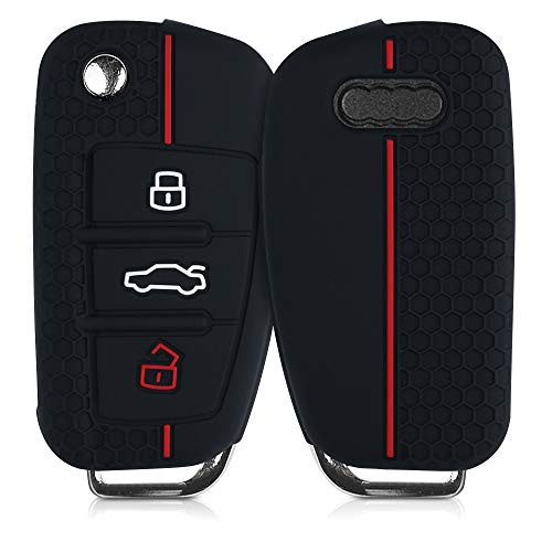 kwmobile Funda de Silicona Compatible con Audi Llave de Coche Plegable de 3 Botones - Carcasa Suave de Silicona - Case Mando de Auto Negro/Rojo