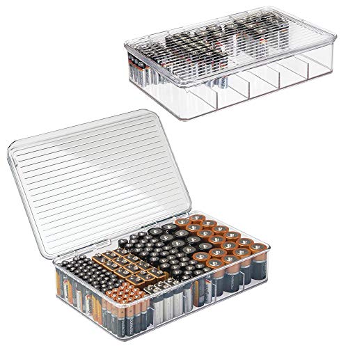 mDesign Juego de 2 Cajas apilables para baterías y Cargadores – Caja para Pilas AA, AAA y Otros Tipos de Pilas – Fantástico Organizador de Oficina y Garaje – Transparente