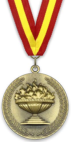Medalla de Metal Personalizable - Antorcha Olímpica - Color Oro - 6,4cm - Cinta Incluida - Colores de Cinta - Rojo-Amarillo-Rojo