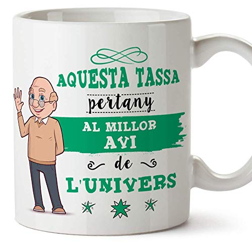 MUGFFINS Taza Abuelo (En Catalán) -"Aquesta Tassa Pertany al Millor Avi de l'Univers" - Taza Desayuno/Idea Regalo Día del Padre. Cerámica 350 mL
