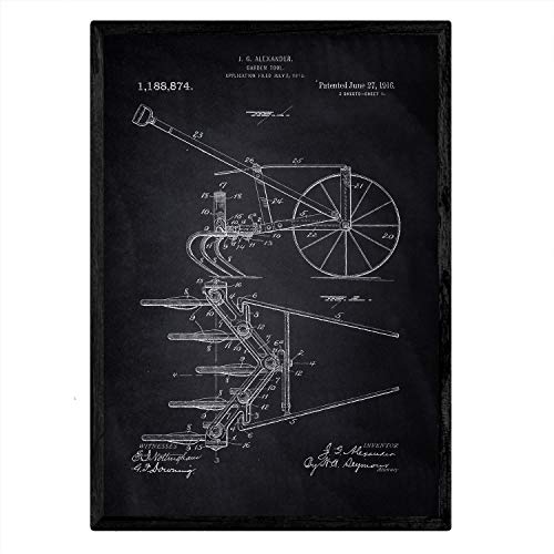 Nacnic Poster con patente de Arado. Lámina con diseño de patente antigua en tamaño A3 y con fondo negro