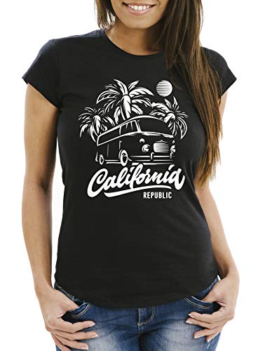 Neverless Camiseta para mujer California Surf Retro Bus aventura vacaciones palmeras Slim Fit Slim Fit Bus negro. M