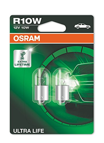 OSRAM ULTRA LIFE R10W, Lámpara halógena, luz trasera, luz de matrícula, de estacionamiento y de posición, 5008ULT-02B, automóvil de 12 V, ampolla doble (2 unidades)