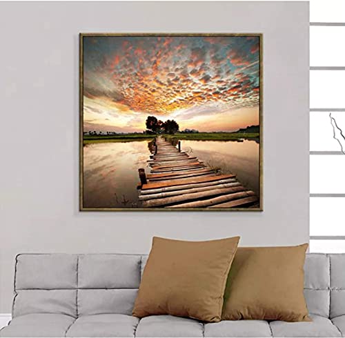 Paseo marítimo del puente del lago en la puesta del sol con pintura de nubes póster lienzo arte pared imágenes artísticas decoración del hogar    (70X70Cm) -28x28 pulgadas sin marco