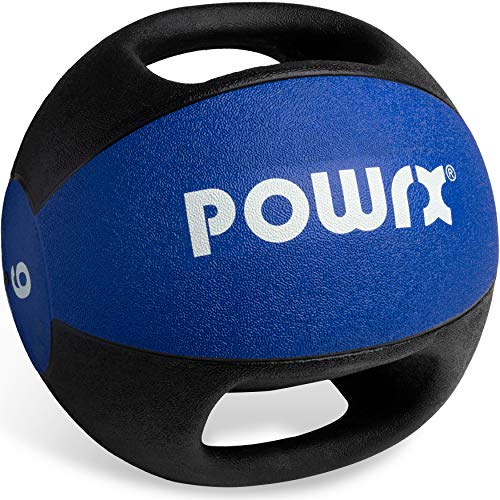 POWRX Balón Medicinal con Asas 9 kg - Ideal para Ejercicios de »Functional Fitness«, fortalecimiento Muscular y rehabilitación + PDF Workout (BLU)