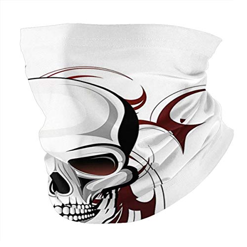 Q&SZ Sweatshirt Outdoor Headband Tattoo Decor Scary Fierce and Wild Skull with Red Flames Tribal Artistic Tattoo Image Red and White Scarf Neck Gaiter Face Bandana Scarf Head Scarf