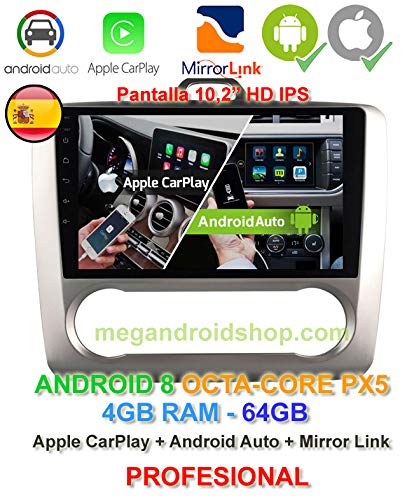 Radio 2din GPS, Android 10, Pantalla IPS, OctaCore PX5 64bits, 4GB DDR3 RAM, 64GB Apple Car Play Android Auto Ford Focus MK2 de 2004 a 2011 con climatizador (no Aire Acondicionado)