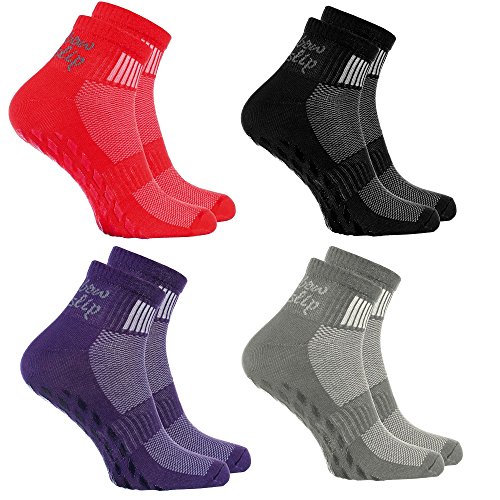 Rainbow Socks - Hombre Mujer Deporte Calcetines Antideslizantes ABS de Algodón - 4 Pares - Negro Gris Rojo Violeta - Talla 36-38