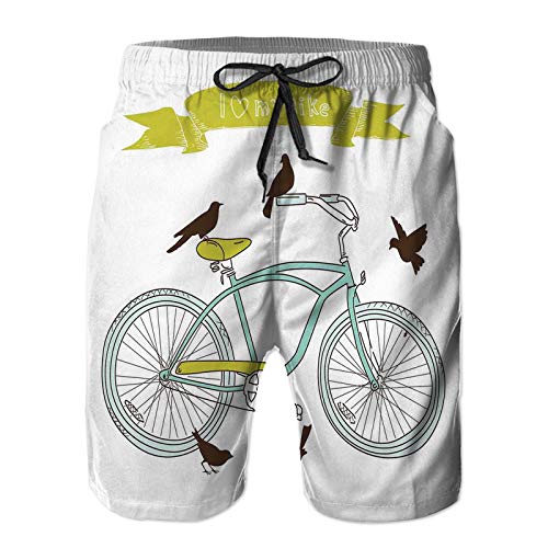 saletopk Bañador De para Hombre Pantalones Playa Shorts, Amo mi Concepto de Bicicleta con pájaros en el Asiento Cruisers Vehículo básico Arte simplista Secado Rápido Ligero Baño Cortos XL