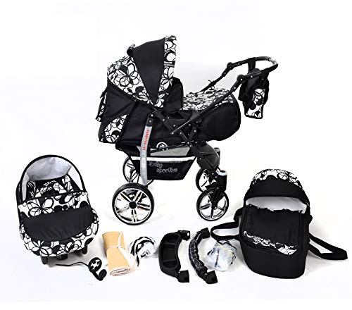 Sportive X2, 3-in-1 Travel System incl. Baby Pram with Swivel Wheels, Car Seat, Pushchair & Accessories (3-in-1 Travel System, Black & Flowers)