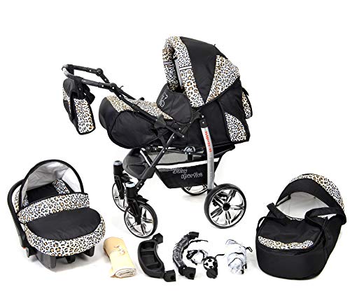Sportive X2, 3-in-1 Travel System incl. Baby Pram with Swivel Wheels, Car Seat, Pushchair & Accessories (3-in-1 Travel System, Black & Leopard)