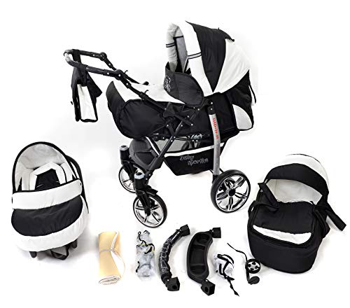 Sportive X2, 3-in-1 Travel System incl. Baby Pram with Swivel Wheels, Car Seat, Pushchair & Accessories (3-in-1 Travel System, Black & White)