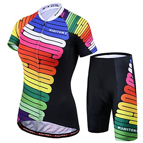 X-Labor – Juego de maillot de ciclismo para mujer, secado rápido, camiseta de manga corta + pantalones de ciclismo con acolchado de asiento, diseño multicolor, EU S (etiqueta: M)