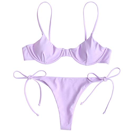 ZAFUL - Conjunto de bikini para mujer, parte superior con aros, push-up, escote balconette e inferior tipo tanga con lazos en los laterales morado L