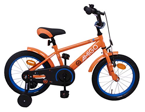 Amigo Sports - Bicicleta Infantil de 16 Pulgadas - para niños de 4 a 6 años - con V-Brake, Freno de Retroceso, Timbre y ruedines - Naranja