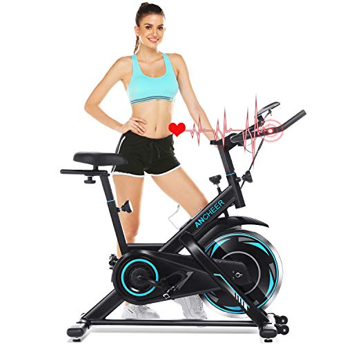 ANCHEER Bicicleta de Spinning Bicicleta estática con Volante de inercia Pantalla LCD de 18 kg, Sensor de impulsos, conexión con la aplicación Manillar y sillín Ajustables, Capacidad máxima 120 kg