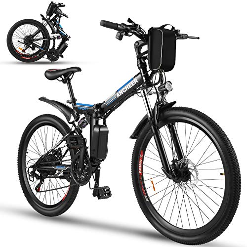 ANCHEER Bicicleta Electrica Plegable, Bicicletas Plegables Adulto 26 Pulgadas, E-Bike de Montaña, Motor de 350 W, Batería de 36V / 8Ah, 21 Engranaje de Velocidad, Frenos de Disco Hidráulico Shimano