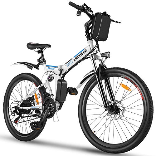 ANCHEER Bicicleta Electrica Plegable, Bicicletas Plegables Adulto 26 Pulgadas, E-Bike de Montaña, Motor de 350 W, Batería de 36V / 8Ah, 21 Engranaje de Velocidad, Frenos de Disco Hidráulico Shimano