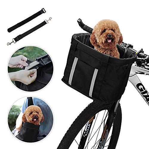 ANZOME Manillar delantero Cesto de bicicleta plegable delantero portabicicletas extraíble con banda reflectante Cinturón de seguridad para perros para bicicleta Soporte de batería de liberación rápida