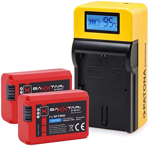 Baxxtar Set - Compatible con batería Sony NP-FW50 - LCD Cargador 5in1 con (2X) Baxxtar Pro baterías - Salida USB para Otros Dispositivos móviles