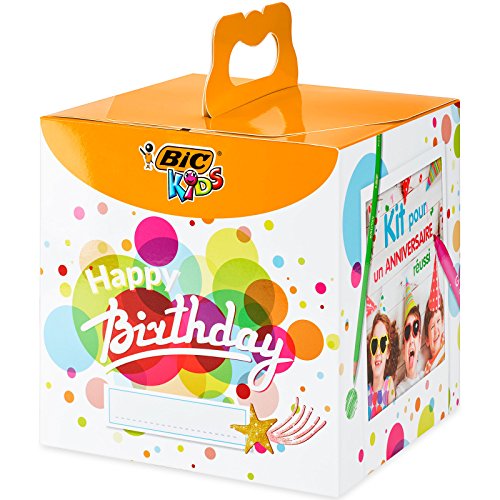 BIC Kids Caja de colores de Cumpleaños - 12 Lápices de colores /12 rotuladores de colores /12 Ceras Blandas /6 Tubos de Pegamento con Purpurina /30 Adhesivos y 24 Tarjetas para Colorear