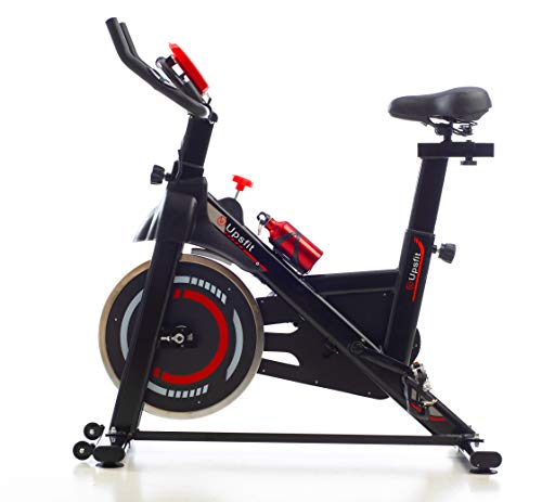 Bicicleta estática spinning indoor. Bici profesional fitness con monitor de frecuencia cardiaca, pedales de aluminio, volante de inercia y bidón de agua. Soporta hasta 150 KG
