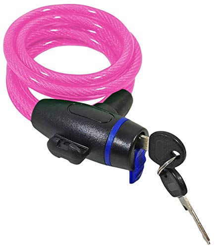 Candado de cable en espiral para bicicleta, 150 cm, color rosa, 2 llaves con soporte
