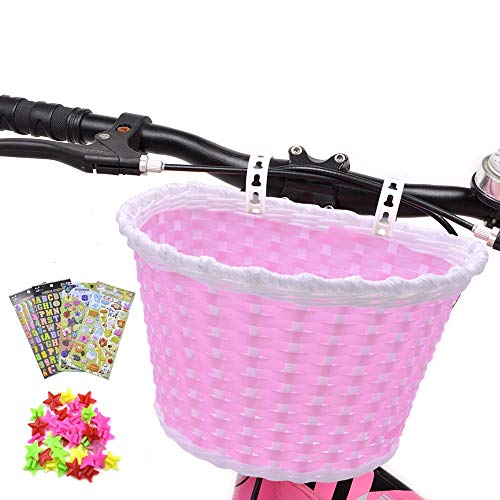 Cesta de bicicleta para niña, cesta de bicicleta para niños con 3 pegatinas de flores de alfabeto y animales, 36 radios de rueda de bicicleta para niños Chirlden regalo DIY Sets - rosa