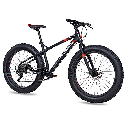 CHRISSON Bicicleta de montaña Fat Four de 26 pulgadas, color negro y rojo, Hardtail Fat Tyre Mountain Bike, bicicleta con neumáticos 4.0 grasos y 10 velocidades Shimano Deore
