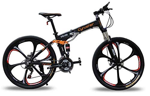 Cyrusher® New Updated Black FR100 Mountain Bike Folding Frame MTB Bike Dual Suspension Mens Bike Matt Black Shimano M310 Altus 24 Speeds 17inch*26inch Aluminum Frame Bicycle Disc Brakes
