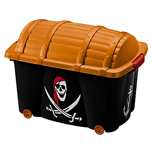 Deuba Caja de almacenamiento infantil para juguetes baúl organizador con tapa ruedas 50L Diseño pirata 60 x 40 x 43cm