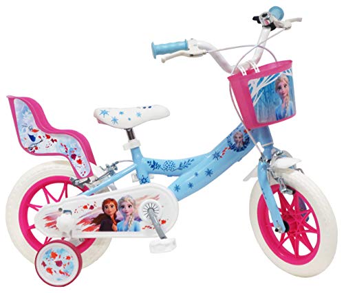 Disney - Bicicleta de 12 Pulgadas con 2 Frenos, Cesta Delantera y portamuñecas Trasera + 2 estabilizadores extraíbles para niña, Azul Cielo, Blanco y Fucsia.
