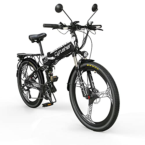 Extrbici Bicicleta Eléctrica Plegable Montaña Hombres Adultos MTB 500 W 48 V 27 velocidades marco de aleación de aluminio suspensión completa frenos de disco hidráulico dual XF770 （Blanco y negro）