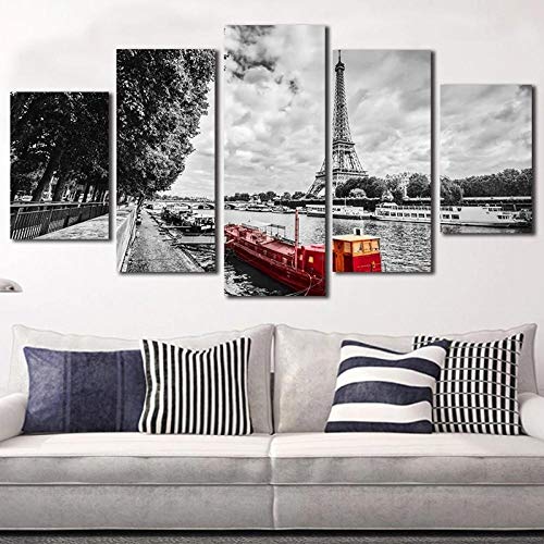 HNBLSHM Pinturas en lienzo Arte de la pared 5 piezas Torre Eiffel Crucero rojo Imágenes del paisaje marino Impresiones HD Cartel del barco de recreo Decoración del hogar 20x35 20x45 20x55cm Sin marco