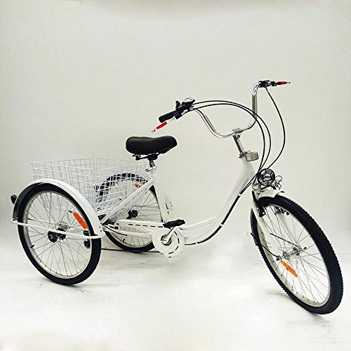 Kaibrite Bicicleta de 3 ruedas para adultos de 24 pulgadas, color blanco, 6 velocidades, con cesta y lámpara