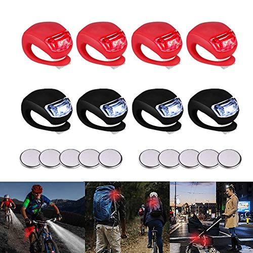 LED Luz Bicicleta Sets, 8 Luces Bicicletas Delanteras y Traseras de Silicona Impermeables, 10 Baterías Adicionales Incluidas, Fácil de Colocar, Ciclismo Nocturno y Actividad en Aire Libre