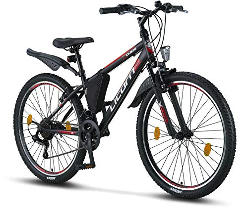 Licorne Bike Guide Bicicleta de montaña de 26 pulgadas, cambio Shimano de 21 velocidades, suspensión de horquilla, bicicleta infantil, bicicleta para niños y niñas, bolsa para cuadro,negro/rojo/gris