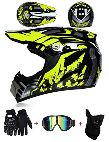 LZSH Casco de moto casco de motocross profesional, casco de cross, MTB, casco infantil, casco con gafas/guantes/máscara, ECE homologado adultos niños quad bike ATV go-kart-helm (B,L: 59-60 cm)