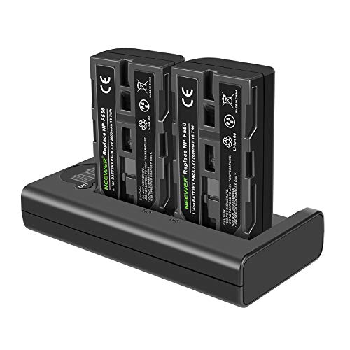 Neewer Set Cargador Batería NP-F550 para Sony NP-F970 F750 F960 F530 F570 CCD-SC55 TR516 TR716 y más(2-Pack Baterías de Reemplazo 2600 mAh,Micro USB y Cargador Dual Entrada Tipo-C)