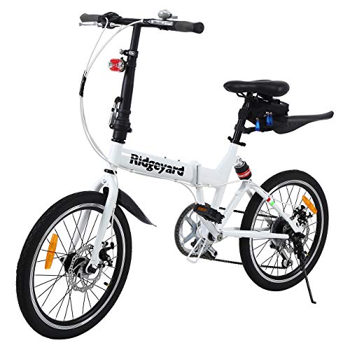 Ridgeyard Bicicleta Plegable 20 Pulgadas de 6 velocidades Bici Plegable + Luz de la batería del LED + Asiento Bag + Bell de la Bici (Blanco)