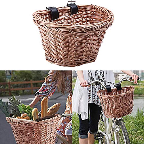 TOPCL Cesta de mimbre para bicicleta, portátil, hecha a mano, cesta frontal de la compra con correa de piel para niñas, mujeres y hombres, tamaño Small